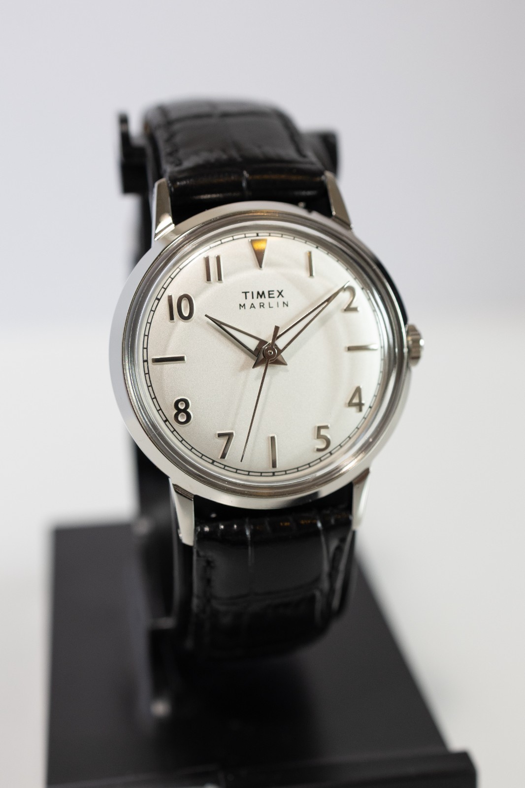 Timex Marlin Quartz 34mm Black Leather Strap Silver Dial Watch TW2Y37600VQ
