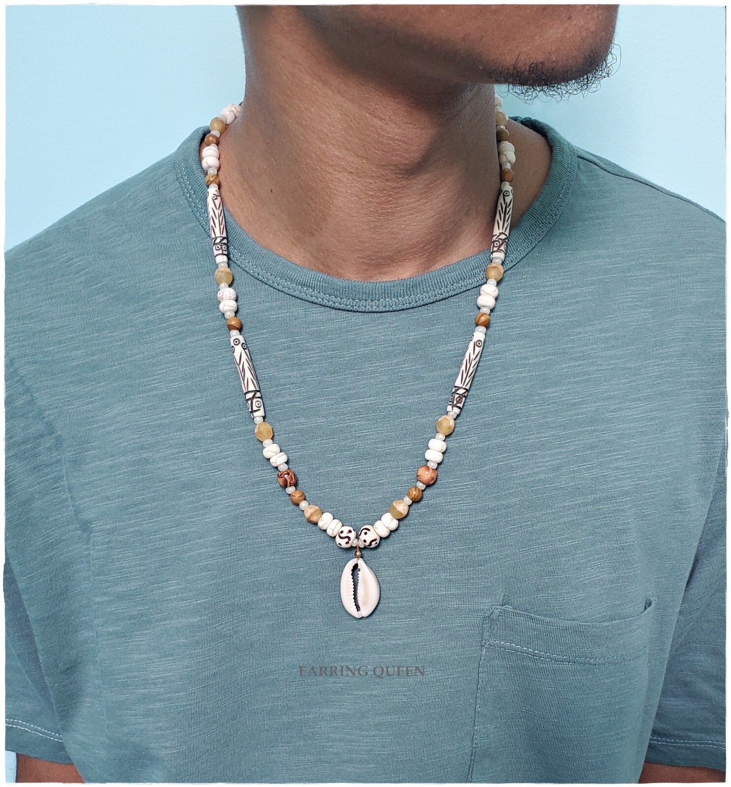 African Tribal Seed Bead Cowrie Shell Necklace Ethnic Beach Jewelry