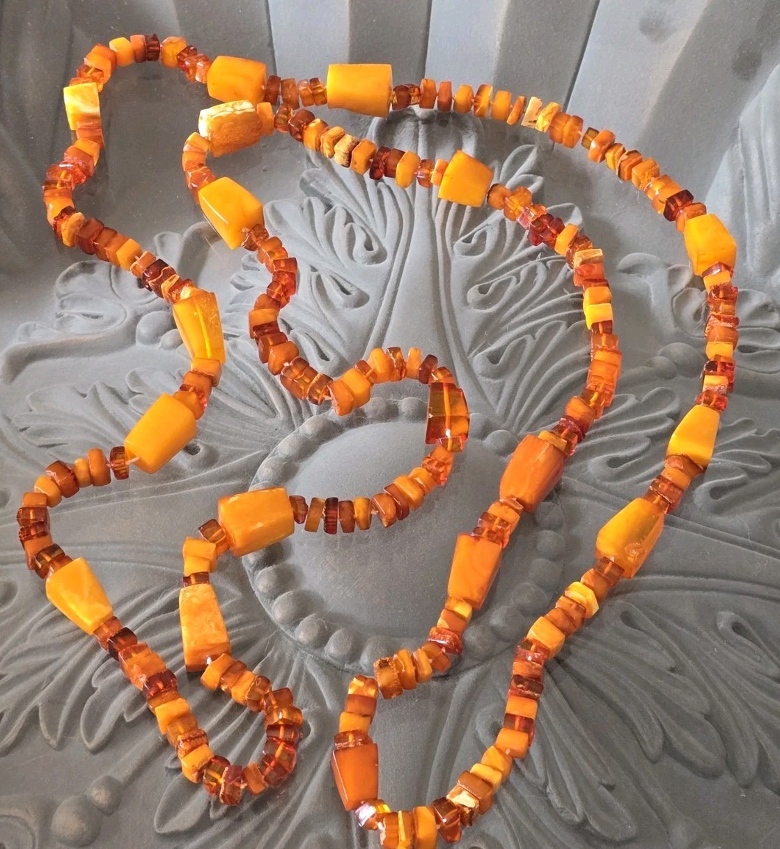 VTG GENUINE BALTIC EGG YOLK & HONEY AMBER BEADED NECKLACE 152 Grams☆ART DECO☆70″