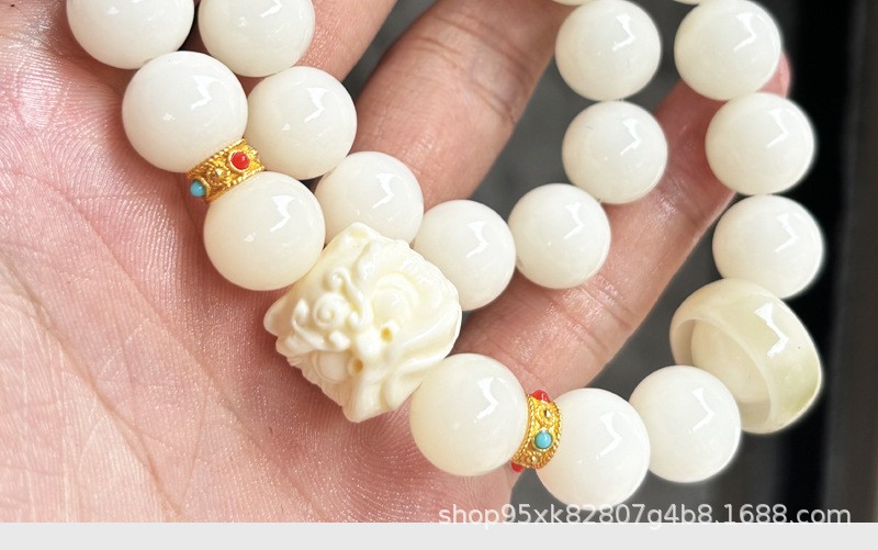 Mala Beads White Jade Bodhi Round Prayer Bead Bracelet for Men and Women