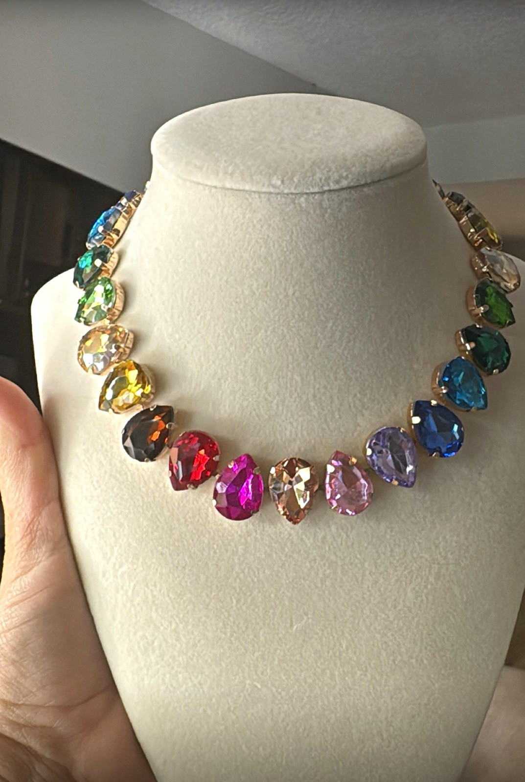 Multicolor Oval Simulated Crystal Statement Necklace, Gold Plated, Lobster