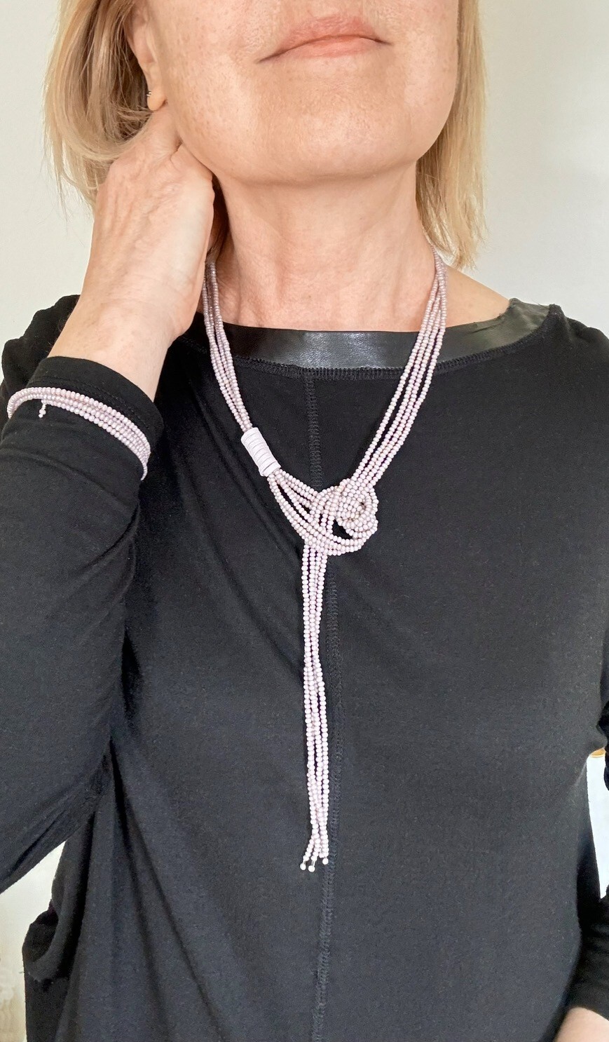 Crystal Lariat Necklace: Tie Necklace & Bracelet Set, Dusty Rose,Genuine Leather