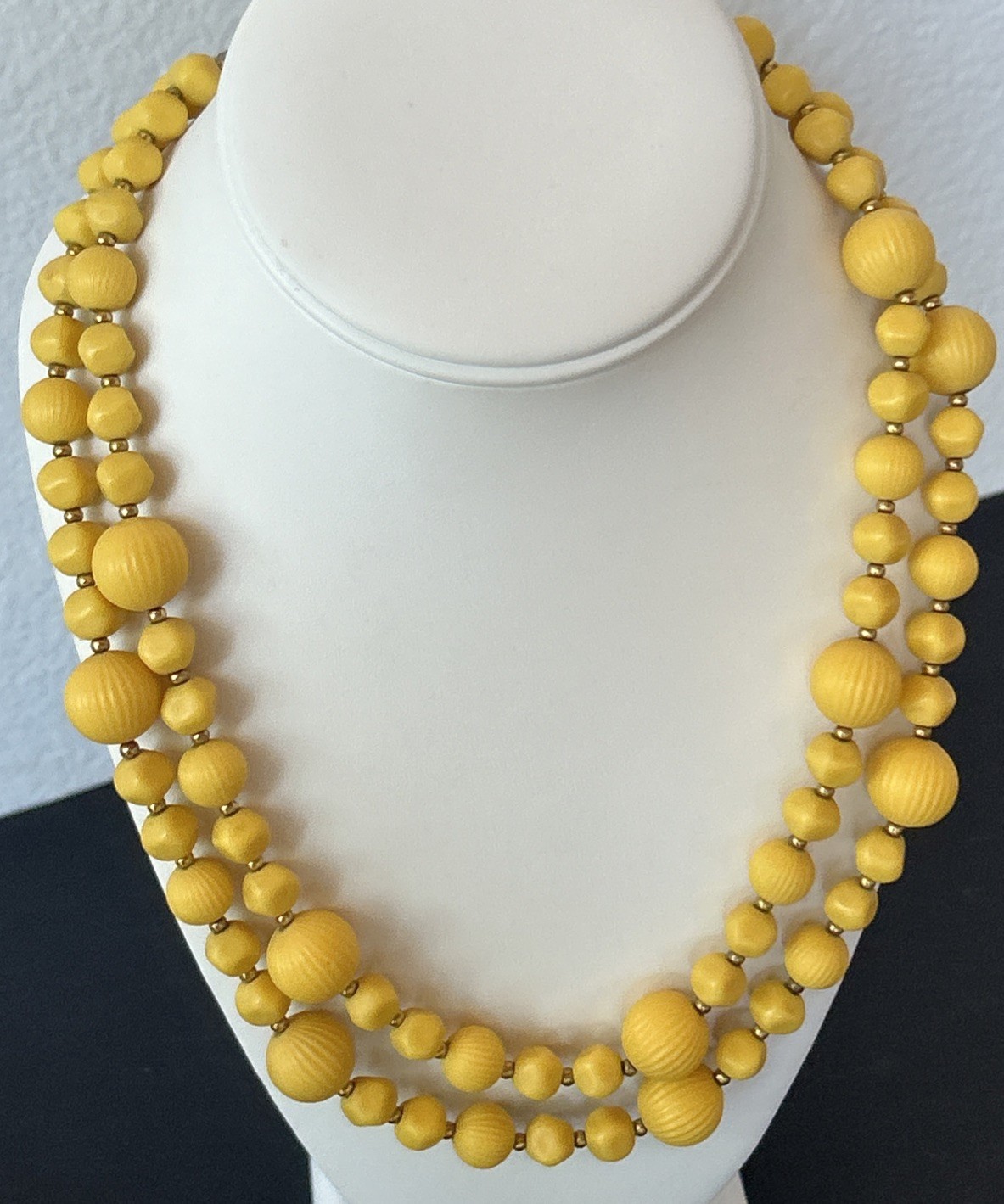 Vintage 2 Strand Yellow Beaded Necklace Textured Retro MCM Casual Woman’s 20″