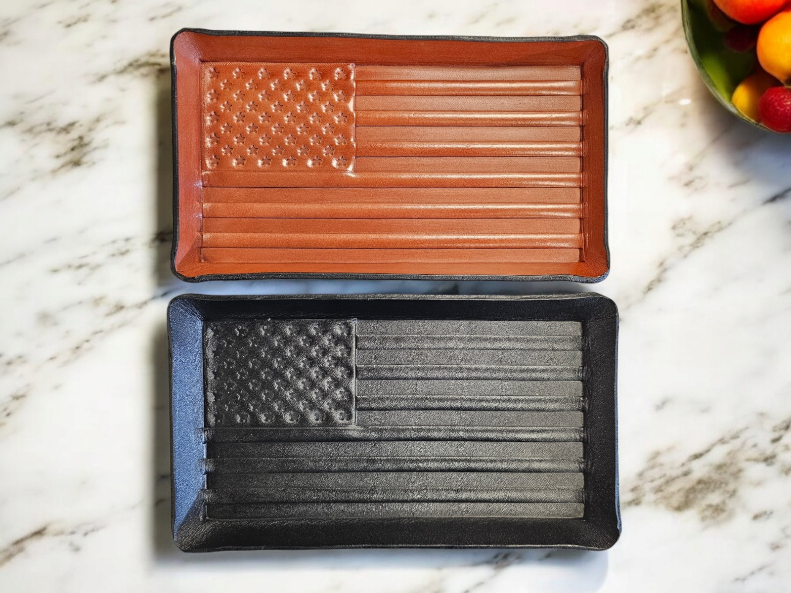 Leather valet tray. Formed leather, American flag , organizer, catchall tray