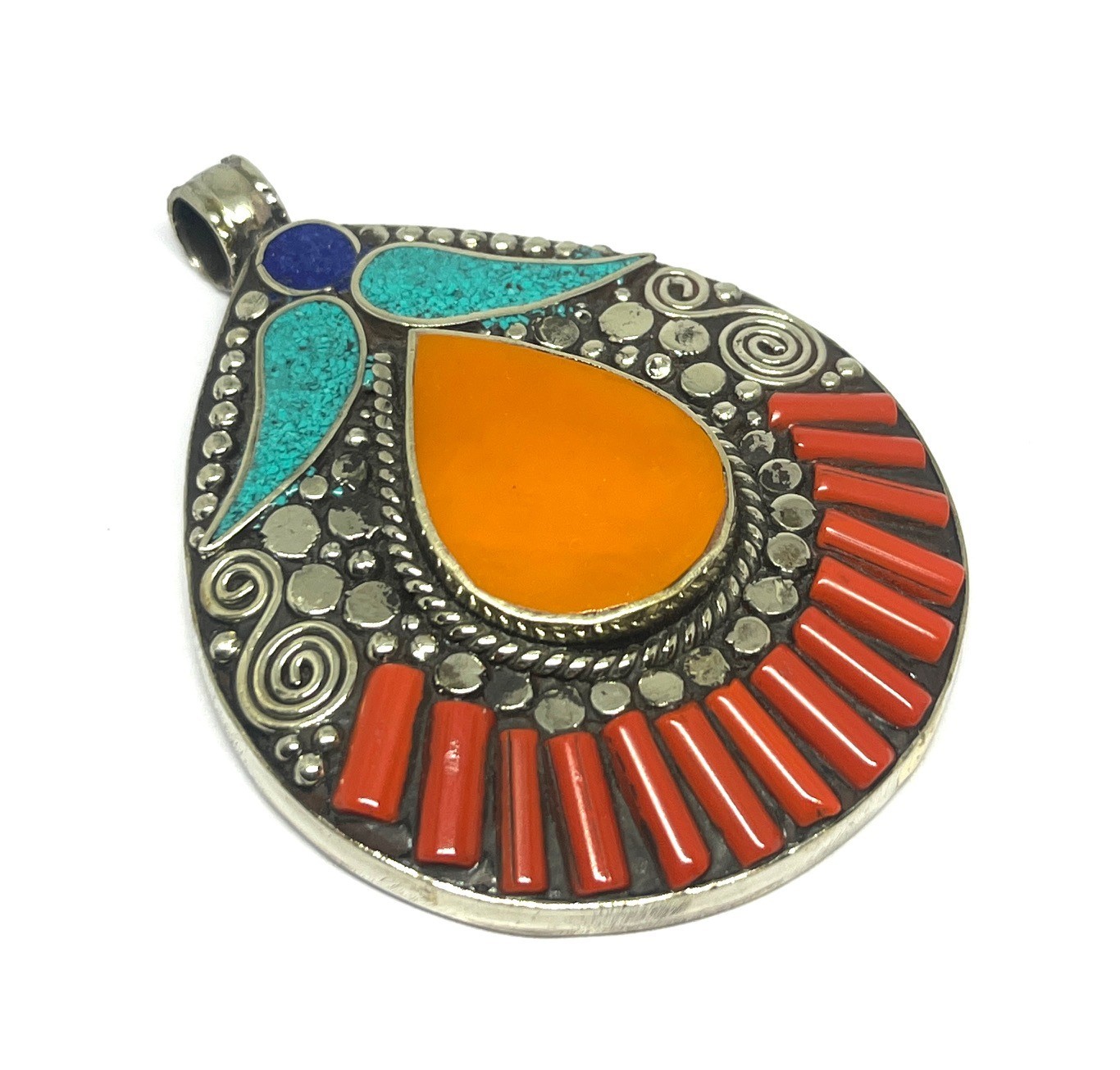 Antique Amber Coral Turquoise Gemstone Tibetan Style Pendant Jewelry, 2.9 inch