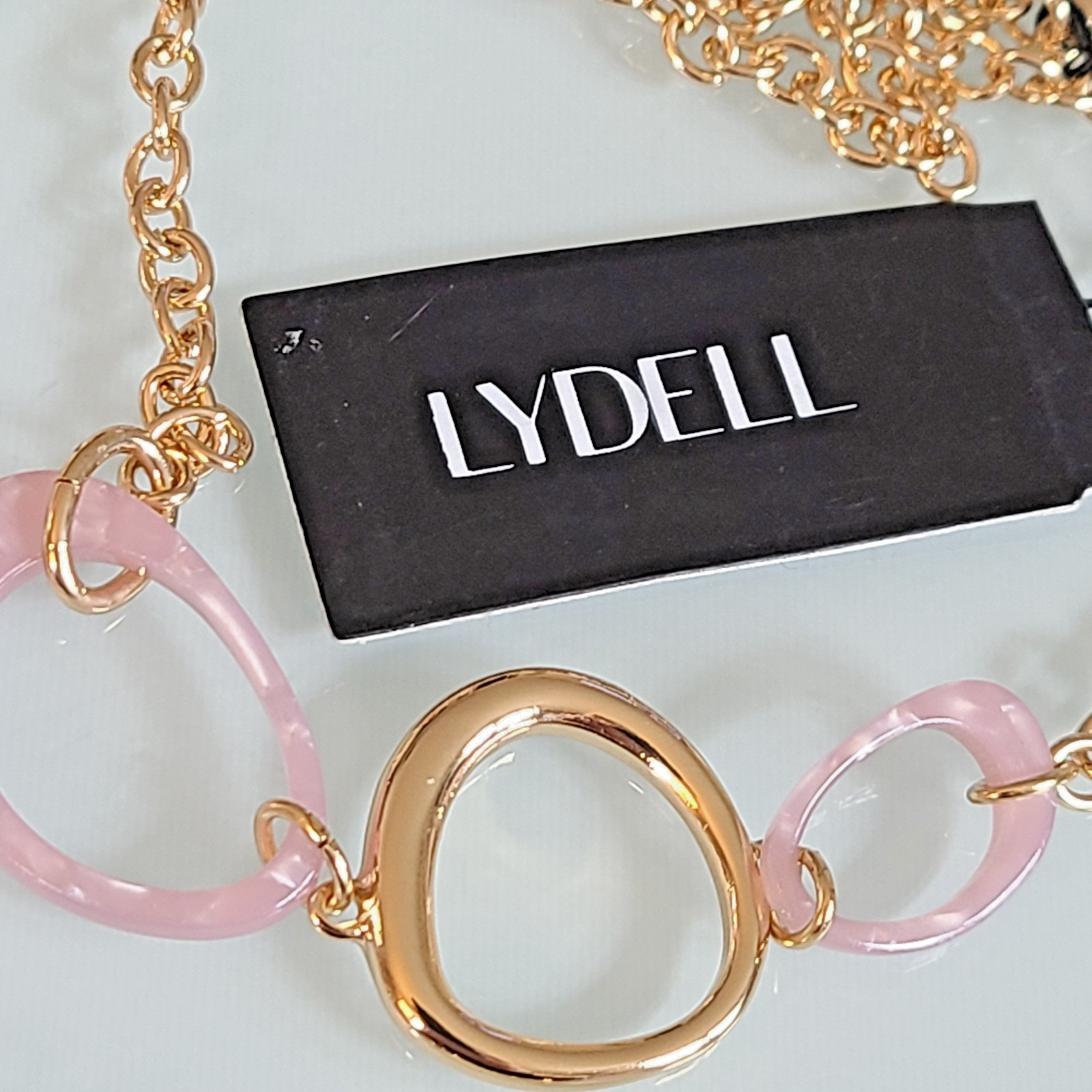 Lydell NYC 36″ Long Necklace Gold Tone Pink Marble Lucite Organic Links NOS