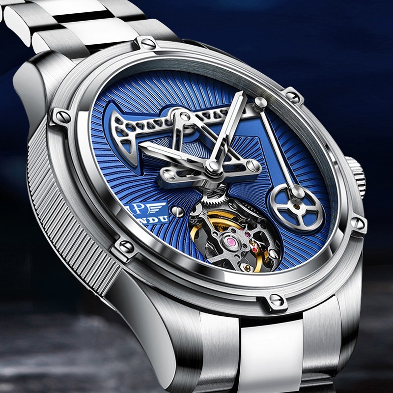 PINDU Men’s Luxury Dress Watch 45.5mm Steel Analog Oil Well Watch Luminous