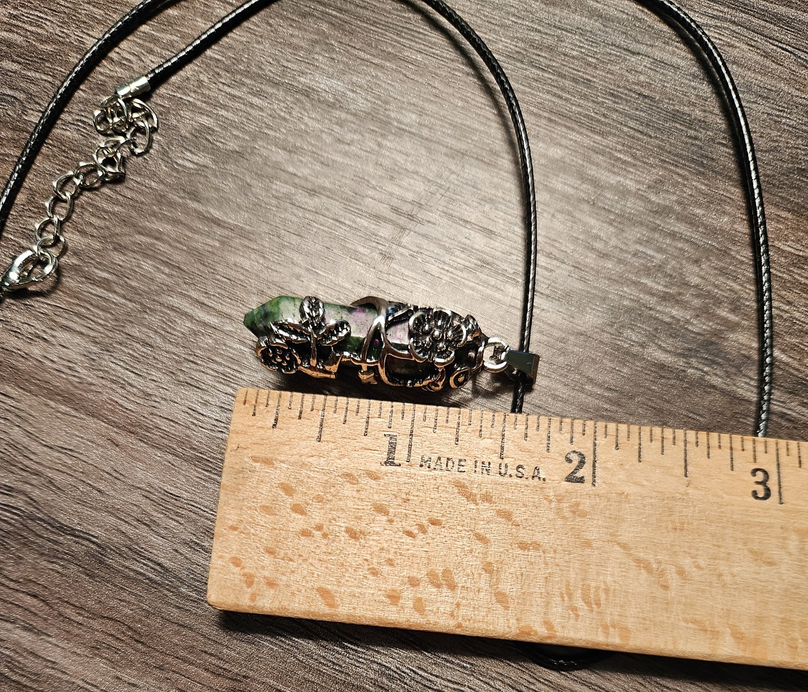 Ruby Zoisite Pendant Necklace Beautiful Silver Colored Wrapping Black Cord 18″