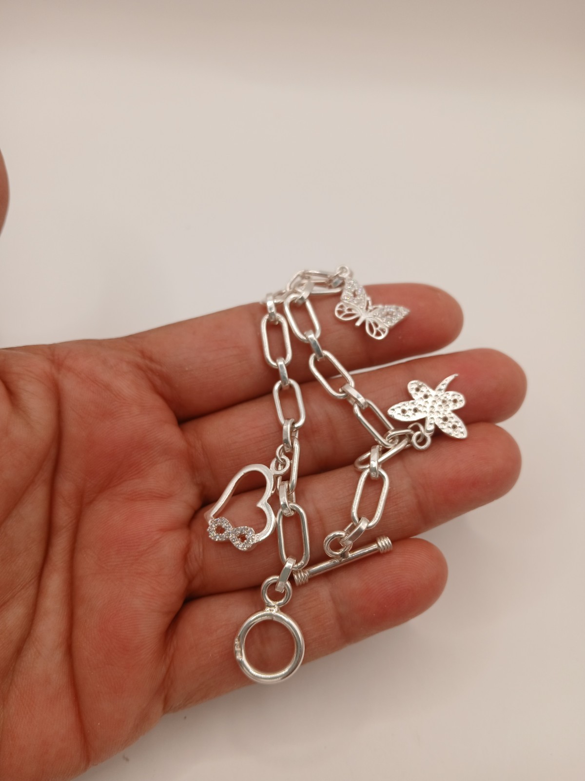 Sterling Silver 925 Link Chain Charm Bracelet Dangle Toggle 7.6-8 in