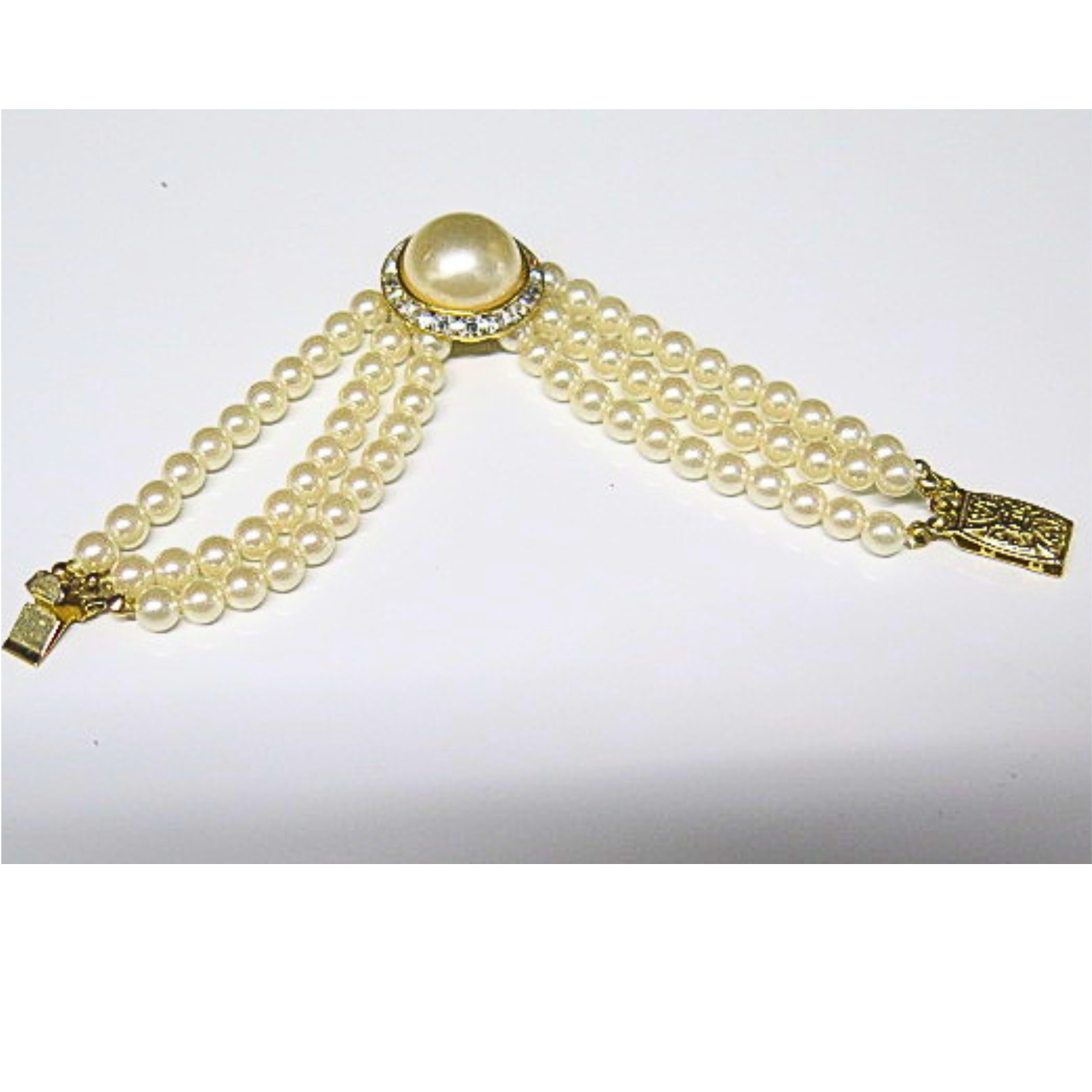 Vintage 4 Strand Faux Pearl Bracelet Rhinestone Gold Tone Estate 7.5″ Bridal