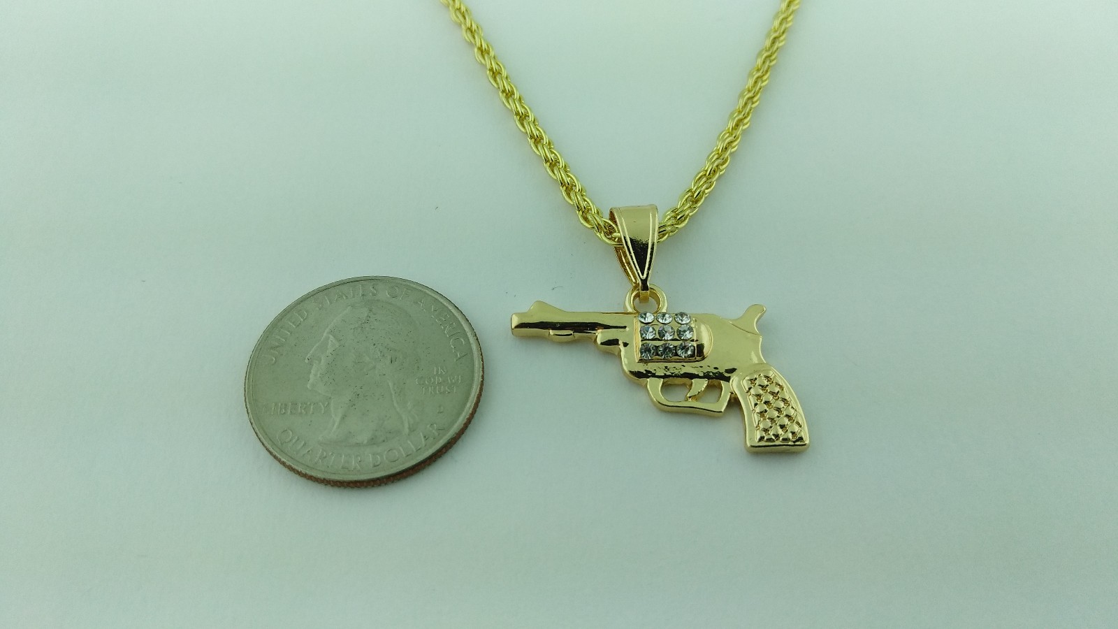Revolver Gun Pendant with white stones Gold Plated and chain Dije de Revolver