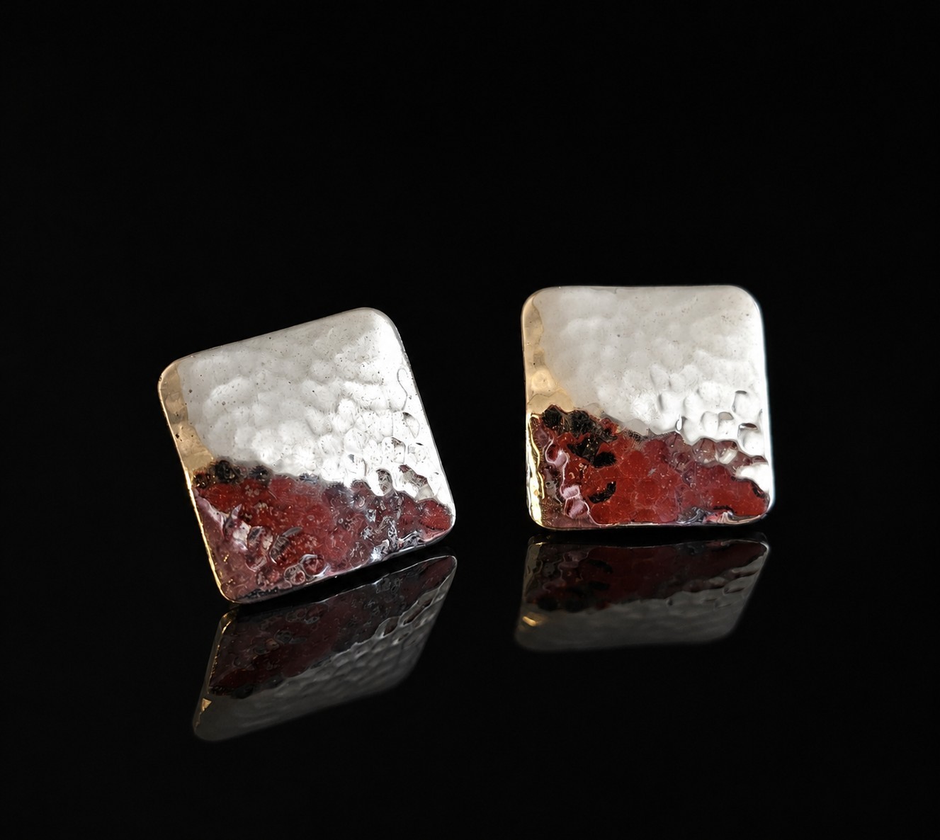 Vintage Silver Tone Hammer Finish Square Earings Hammered Post