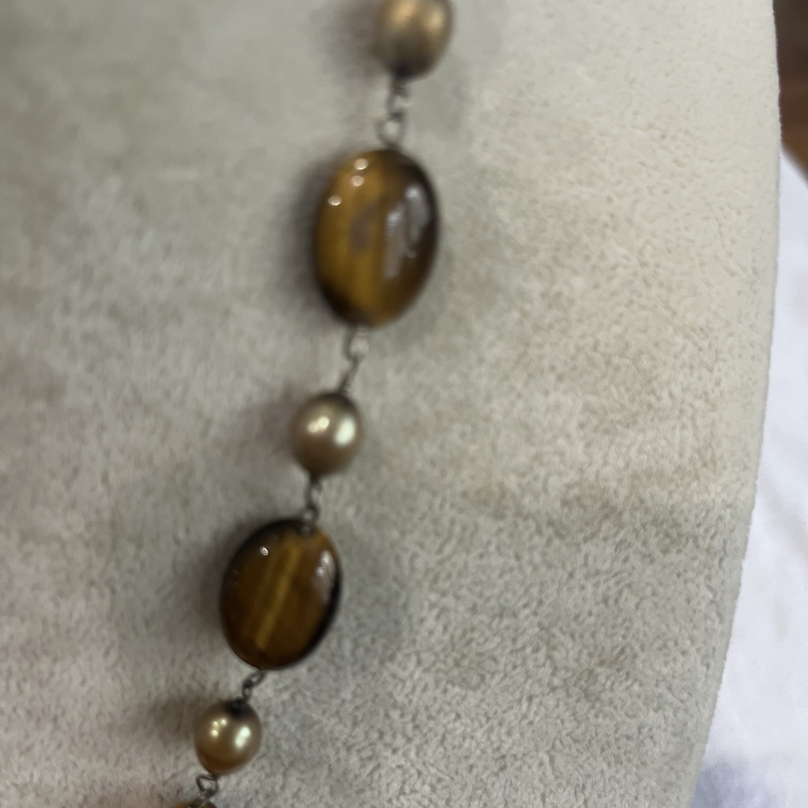 Tiger Eye Pendant Necklace Freshwater Pearl Sterling Silver 925 Statement Toggle