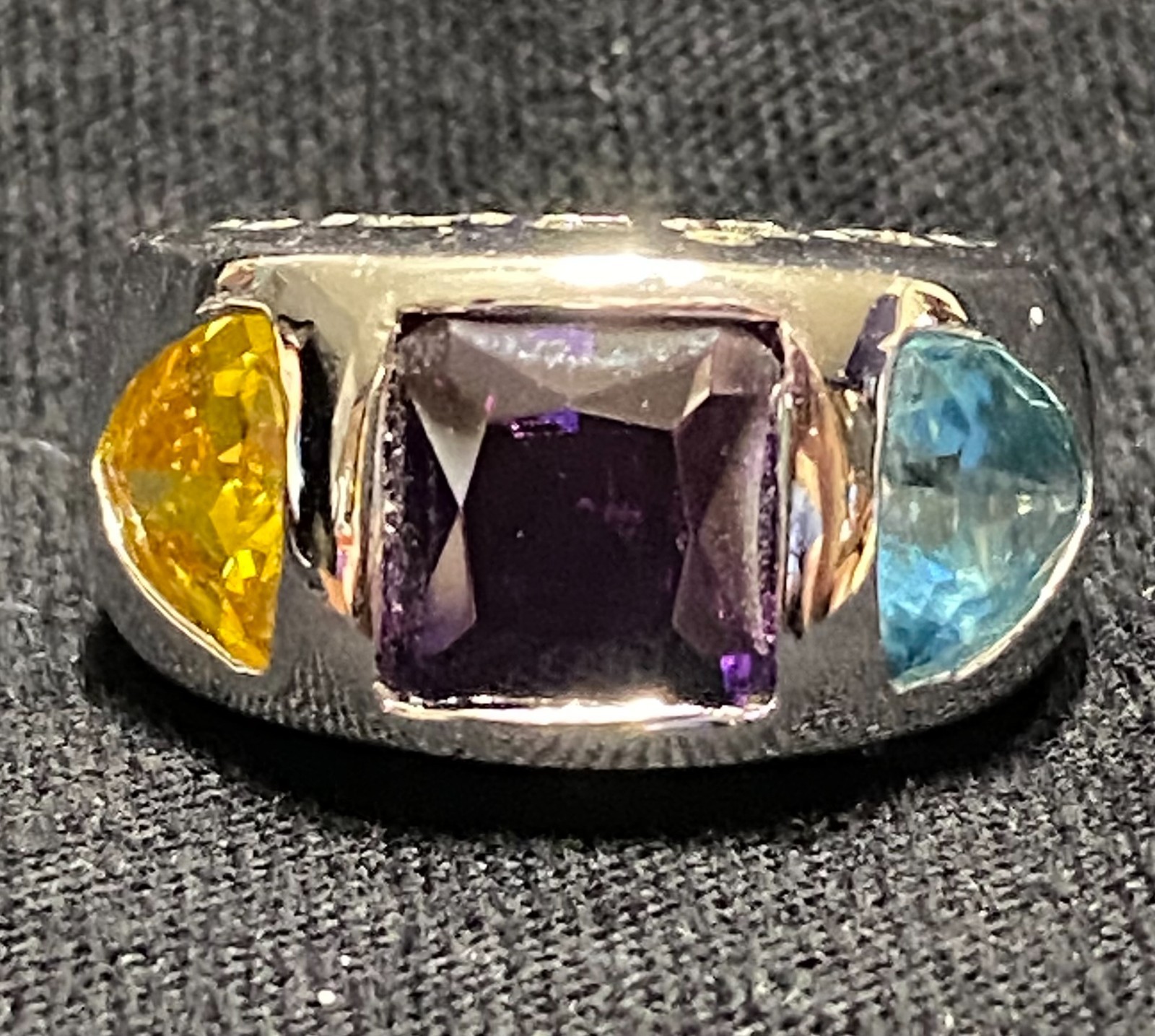 Modern Design Gemstone Ring Amethyst Topaz Citrine Size 7 SS J Mark