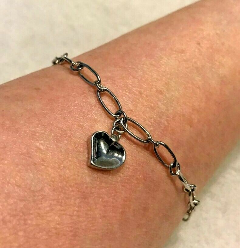 Sterling Silver Oval Link Ankle Bracelet with Heart Charm 10 In. – 8.9 Grams