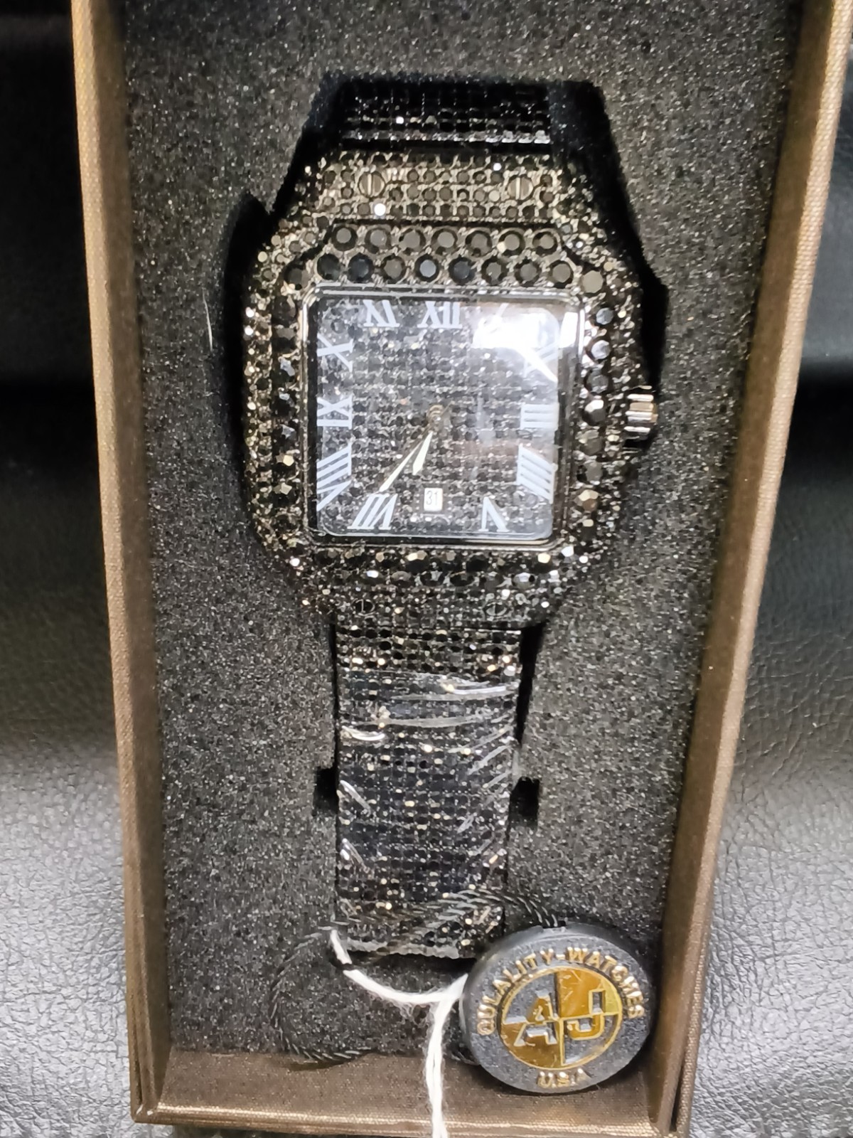 AJ Black Iced Out Cartie Style Men’s Watch 43mm Date Black Crystal…
