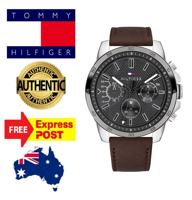 NEW TOMMY HILFIGER “ICONIC” TH1791562 SILVER/GREY/BROWN LEATHER MENS WATCH