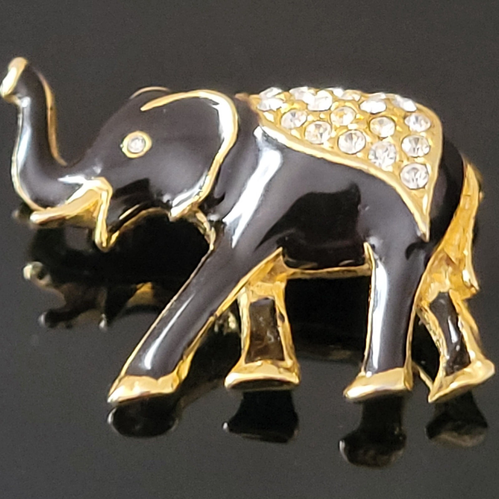 Exquisite Elephant Black and Gold Enamel with Rhinestones on Top and Eye