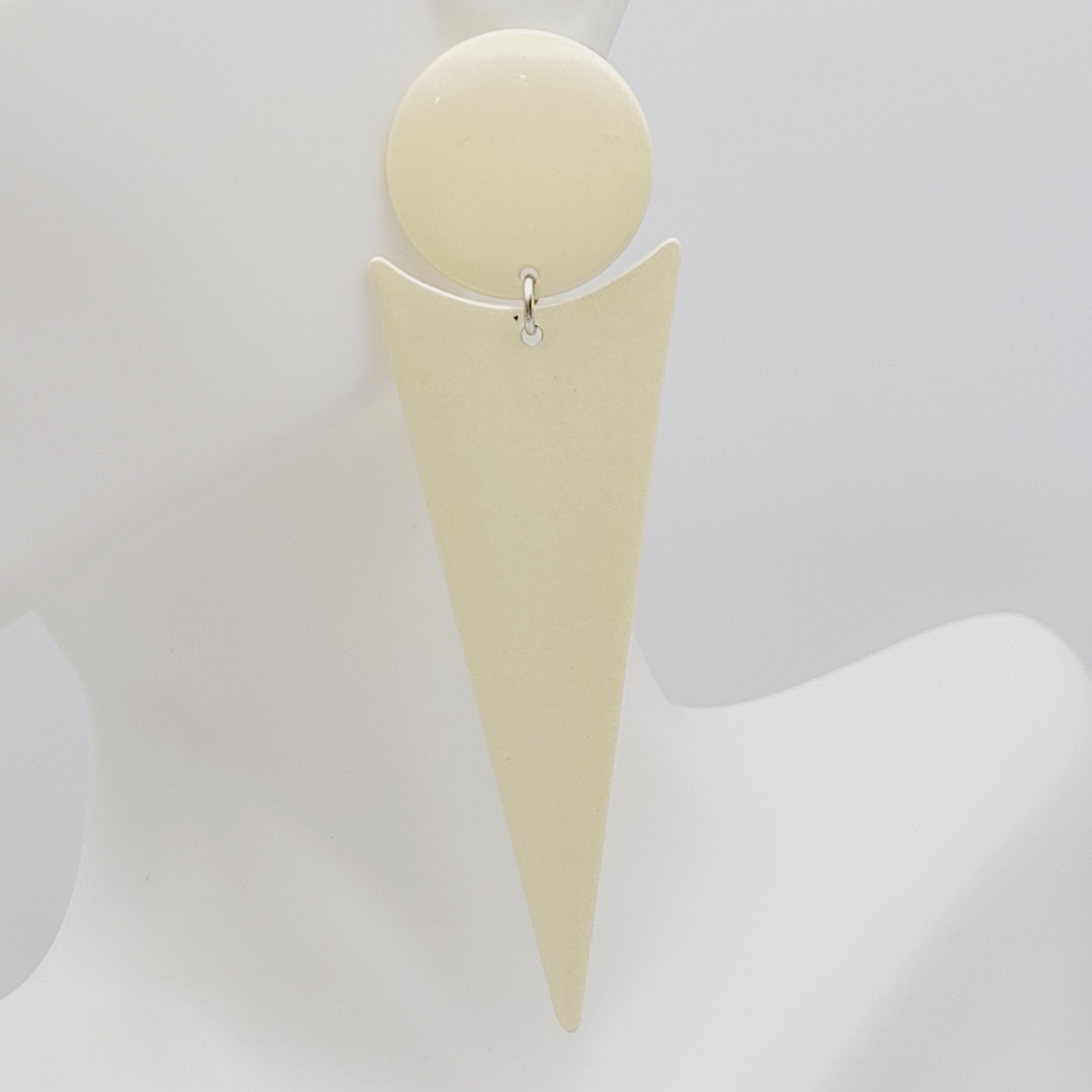 Minimalist Geometric Long Drop Dangle Metal and Cream Enamel Vtg 1980s Earrings