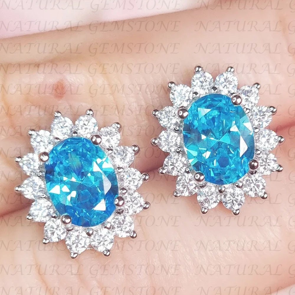 5.20crt Oval Cut Natural Blue Topaz & Diamond Stud Earring 18K White Gold Filled