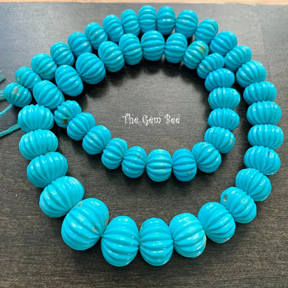 10.3MM-16MM Kingman Turquoise Hand Carved Melon Fluted Rondelle Bead 16.5 inch
