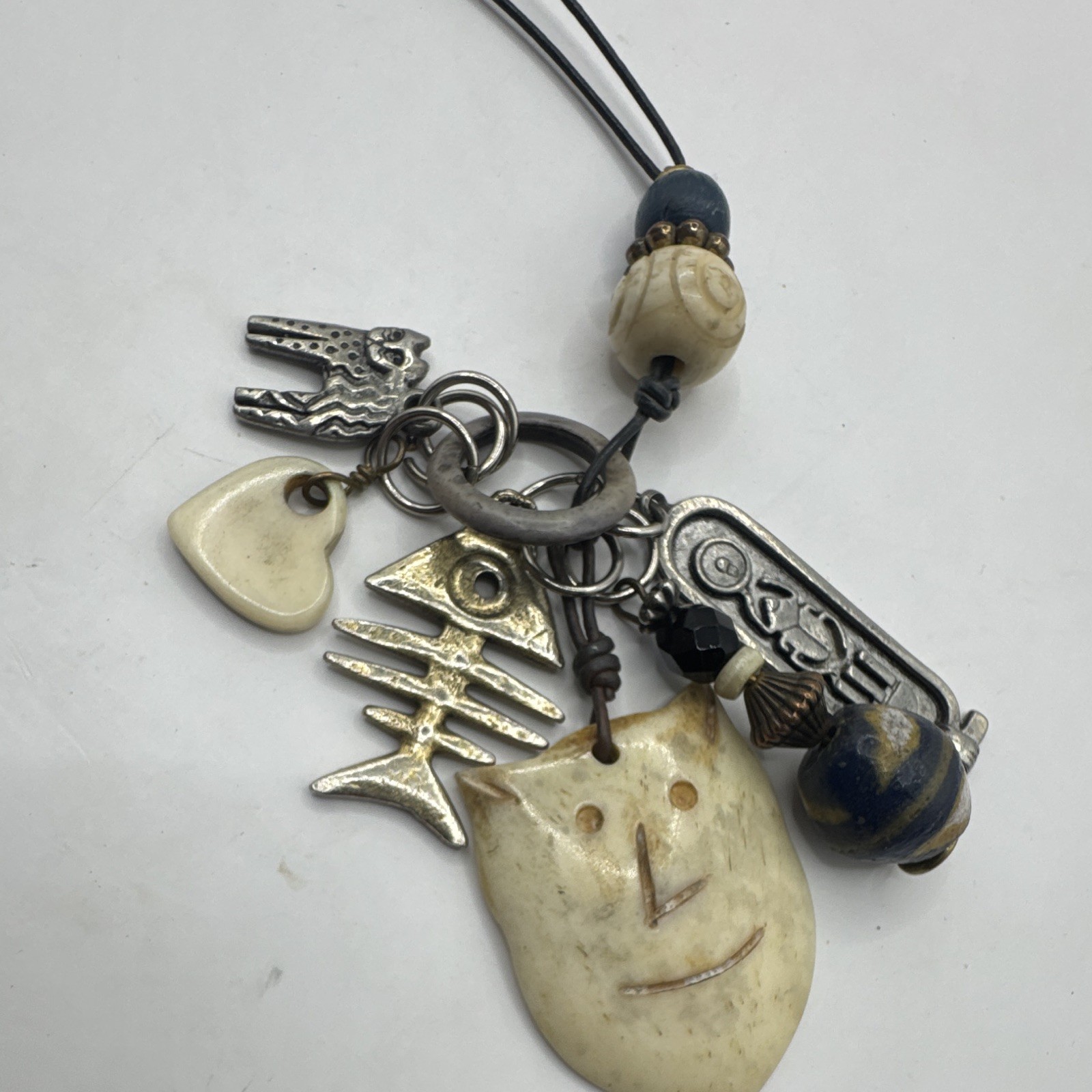 Handcrafted Bohemian Charm Pendant Necklace Ceramic Metal Cord Multicolor