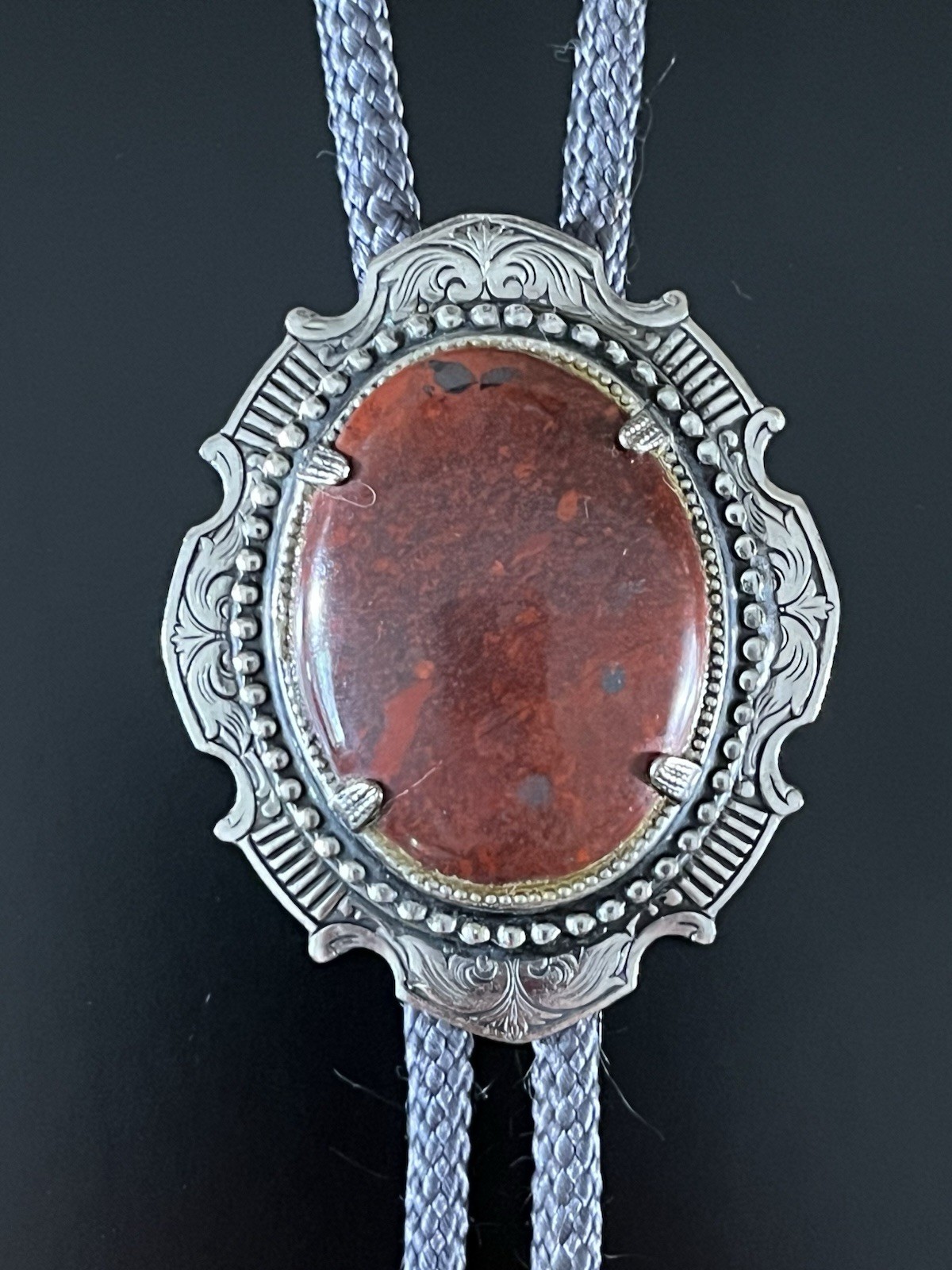 Vintage Genuine Red Jasper Western Bolo Tie/ Blue Grey Cord/ Silver Metal