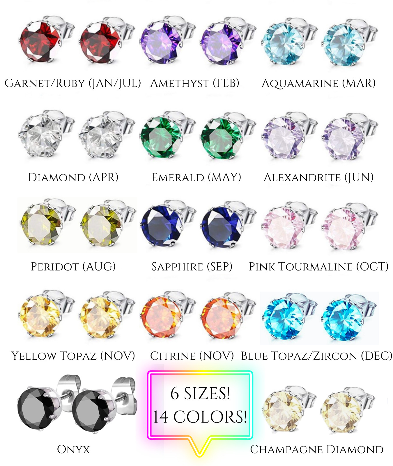 CZ Birthstone Stud Earrings, 3/4/5/6/7/8mm, Hypoallergenic Stainless Steel 316L