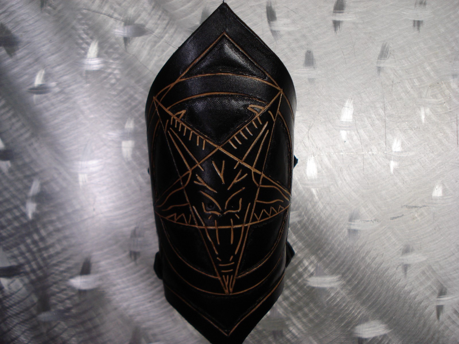 LEATHER BAPHOMET CARVED GAUNTLET. BLACK METAL…(MDLG0149) …..BEHEMOTH