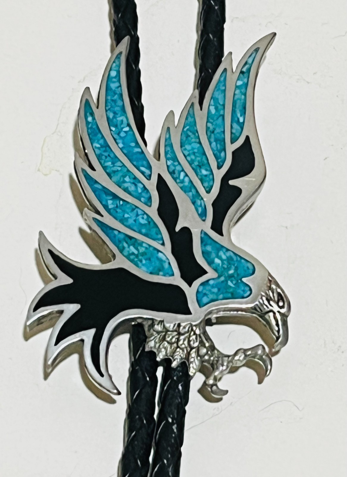 Vintage Eagle Bolo Tie with Turquoise Inlay Silver Tone Bennett style Clasp