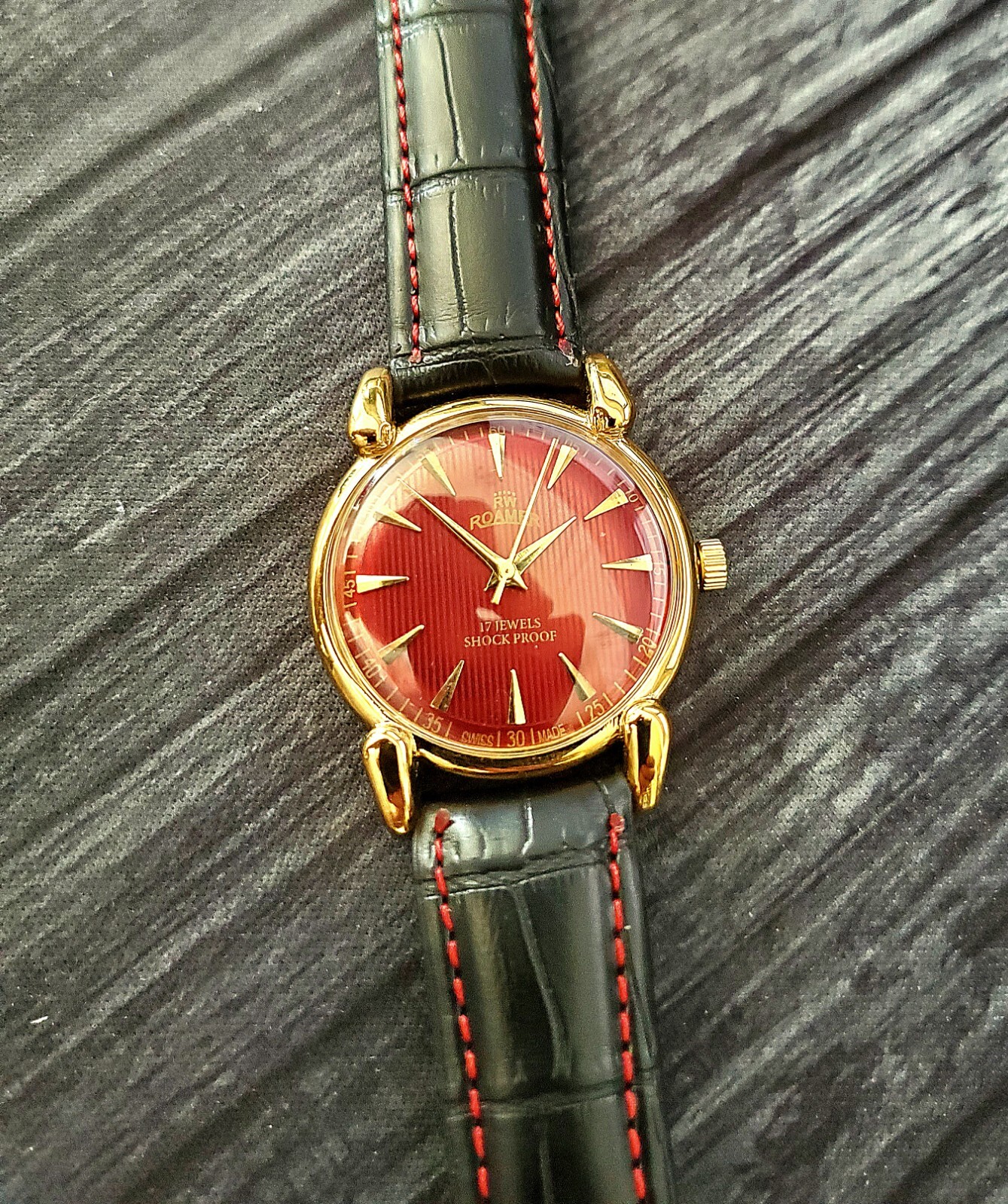 RARE Roamer Brevete Swiss Mens Manual Watch Red Teaked Dial