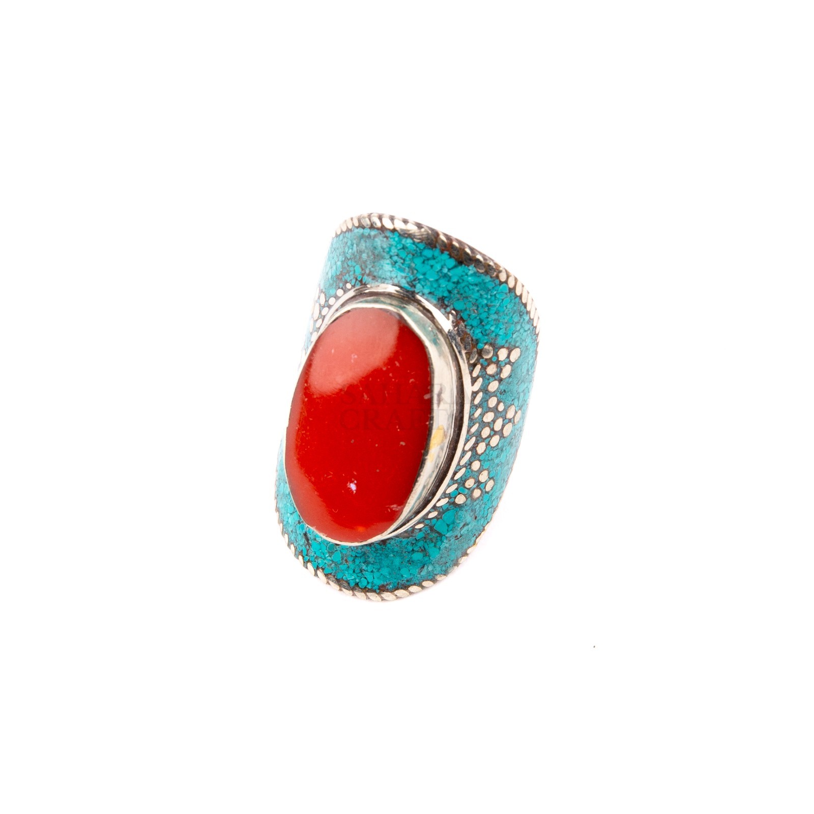 Tibetan Ring, Red Coral Turquoise Stone, Traditional Tibetan Bead Jewelry, US9.5