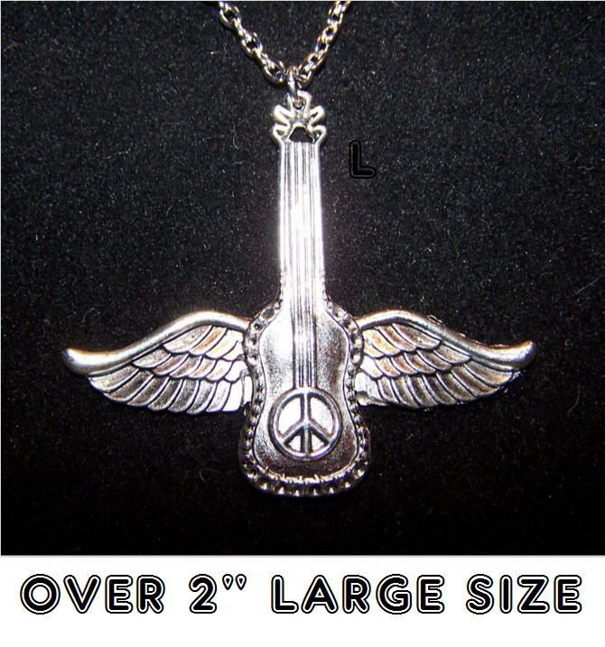 RARE HIPPIE PEACE LOVE SIGN MUSIC GUITAR WING pendant On 20″ 925 Silver Necklace