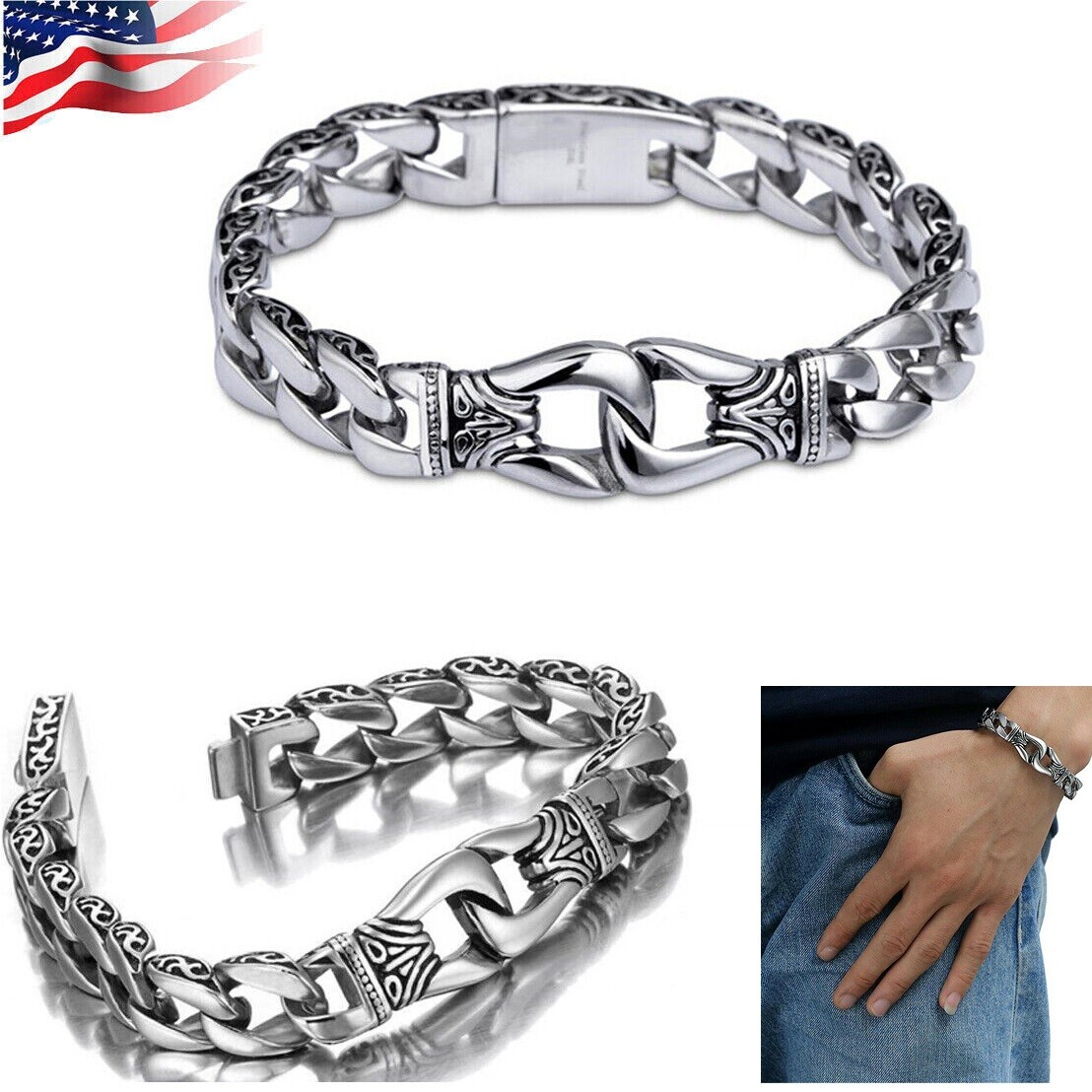Mens Heavy Sturdy Stainless Steel Motorcycle Biker Chain Bracelet Wristband Gift