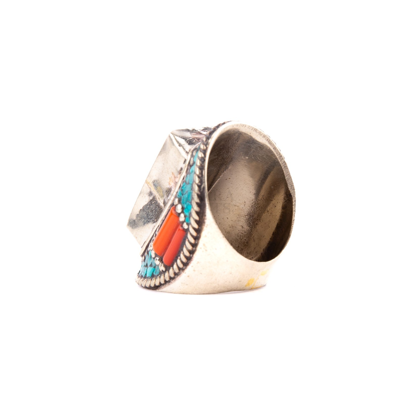 Tibetan Ring, Red Coral Turquoise Stone, Traditional Tibetan Bead Jewelry, US9.5