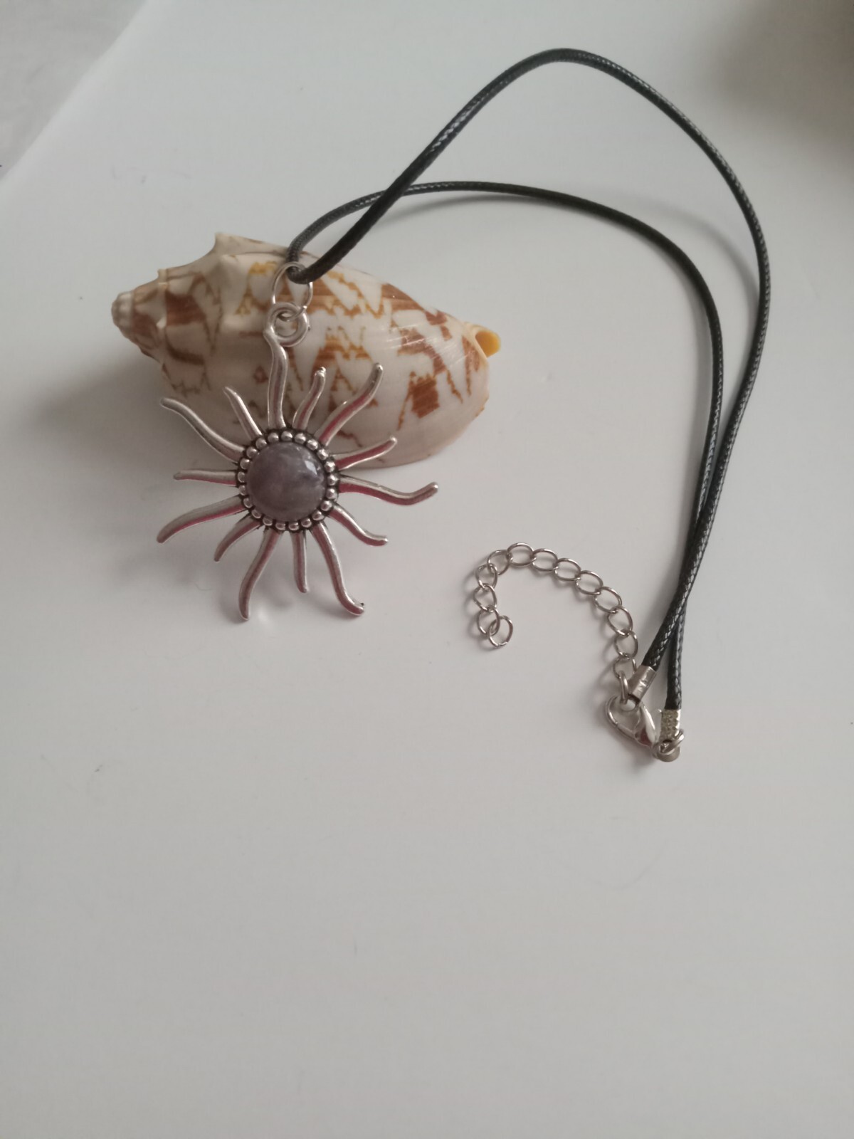 Pewter “Sun” Pendant with Nat. Amethyst Stone- 17″ Leather Cord with 2″ Extender