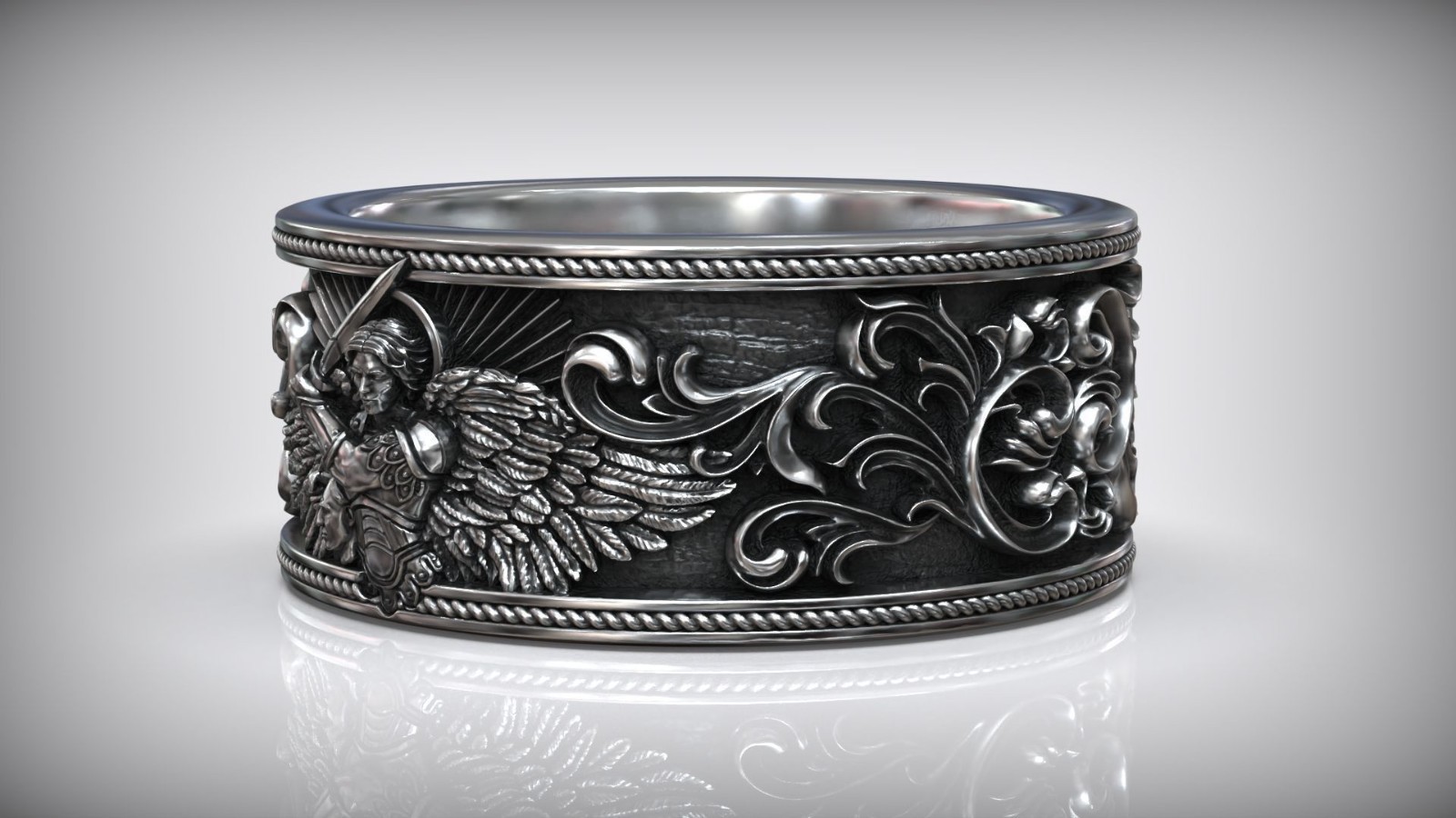Oxidized Saint Michael Archangel With Sword & Demon Head 925 Silver Wedding Band