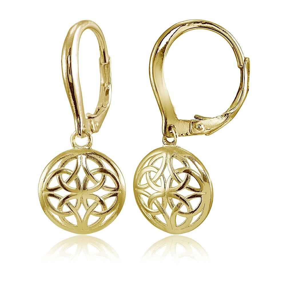 Yellow Gold Flashed 925 Silver Polished Filigree Round Dangle Leverback Earrings
