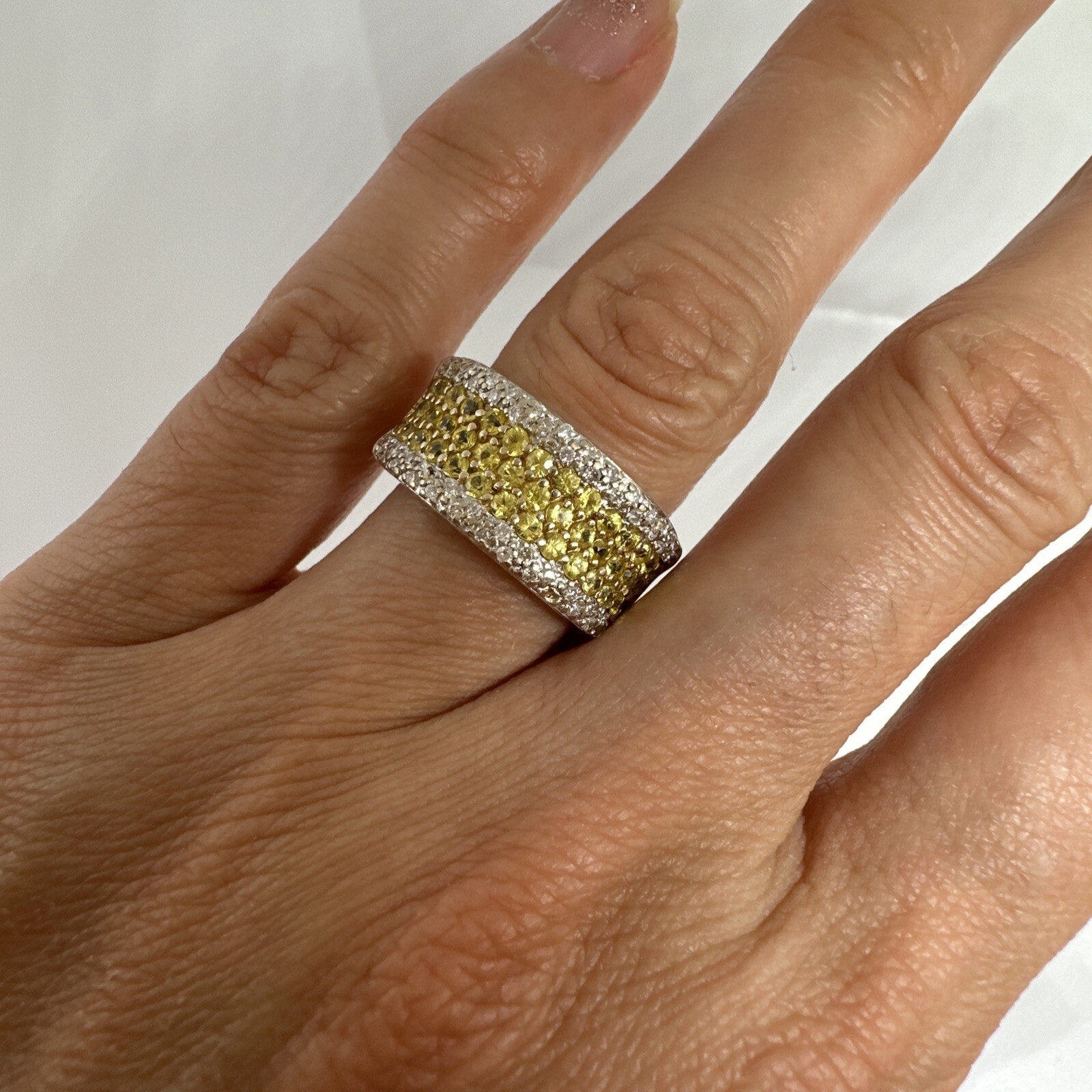 M 18k white gold diamond yellow sapphire wide band ring 10.6g designer 6.75 fine