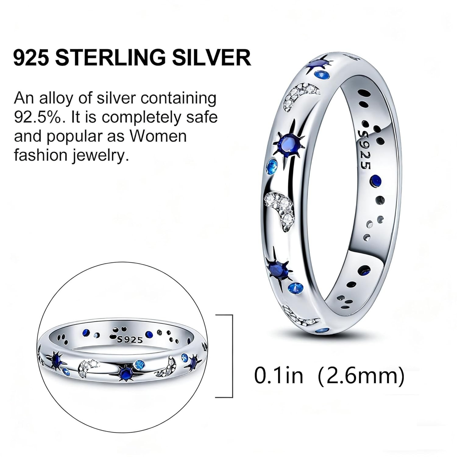 Sterling Silver Women’s 925 Sapphire Stackable Ring Size 9 Sun Moon Star