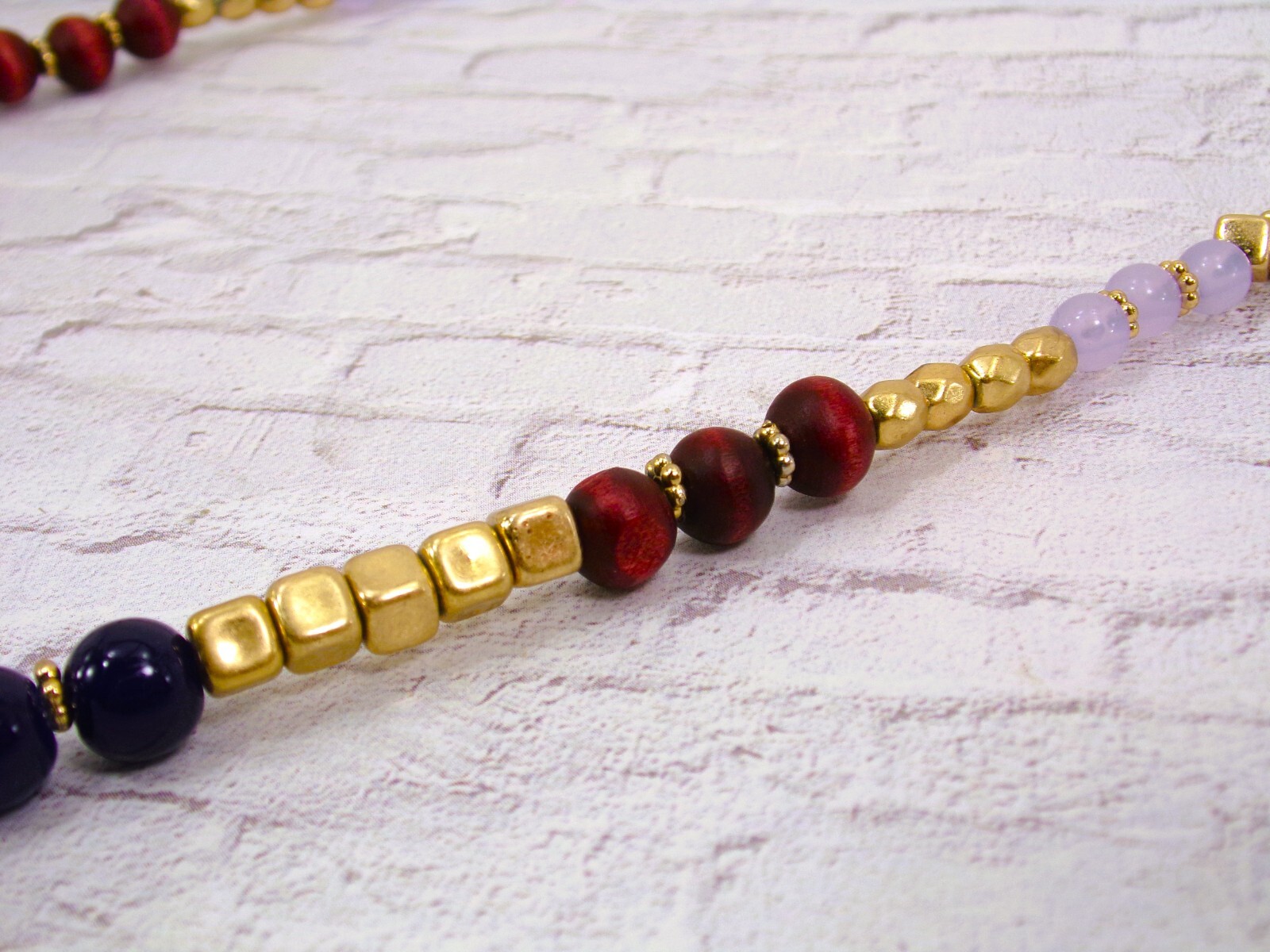 Multi color bead necklace with green, blue brown, gold glass and wood beads New