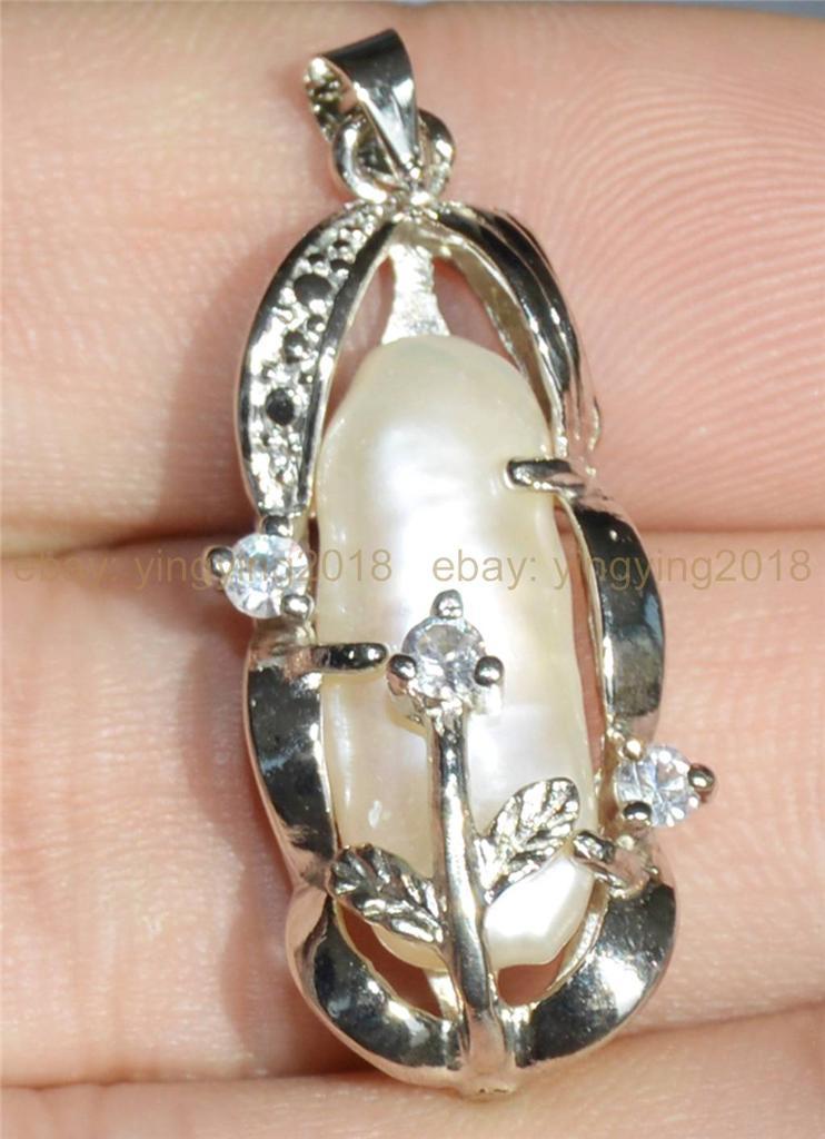 Natural 8x18mm White Akoya Cultured Pearl Pendant Necklace 17” AAA