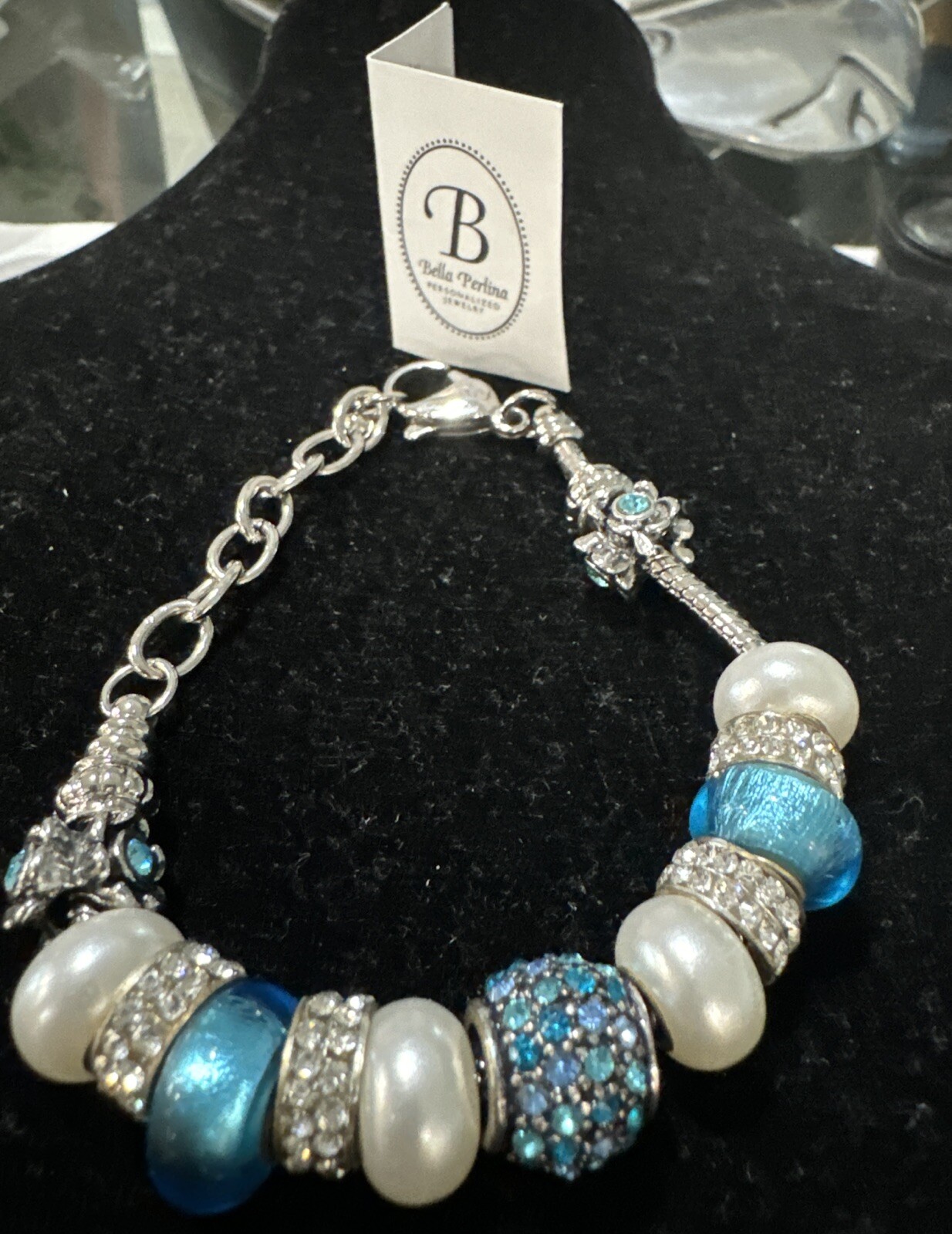 Bella Perlina Charm Bracelet with Aqua & White Beads with Silver Rhinestones $95