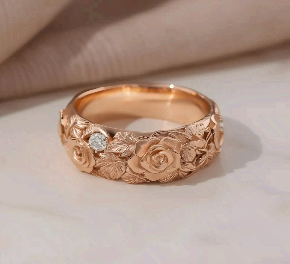 Rose Gold Copper Flower Ring Band Cubic Zirconia Fashion Statement