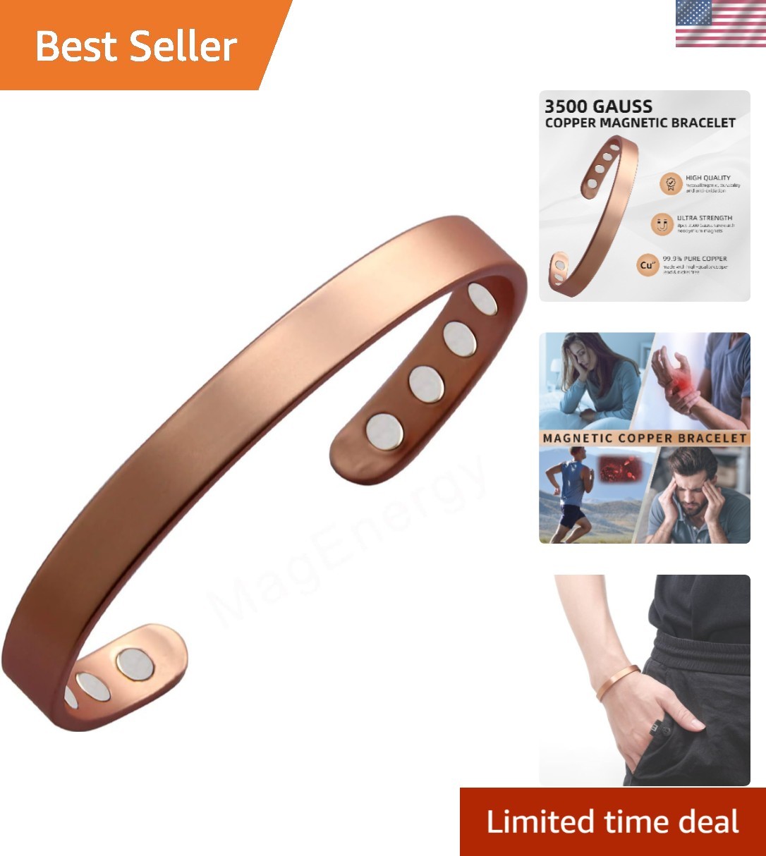 99.9% Pure Copper Magnetic Bracelet for Wellness – Adjustable Cuff 6.8 Inches