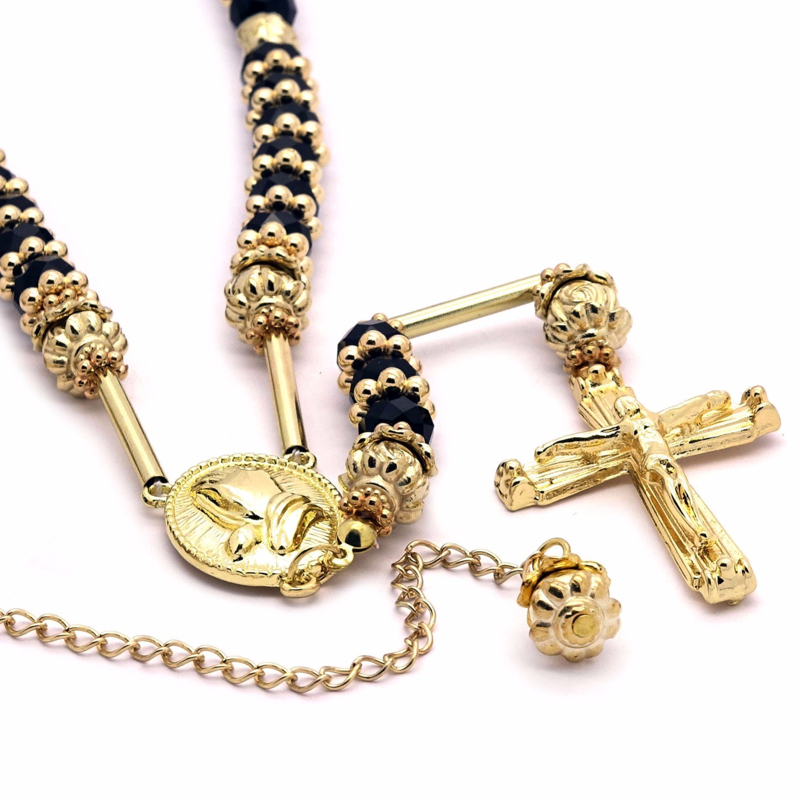 Mens Hip Hop 8mm BLACK Bead 14kt G.P Rosary Pray Hand & Jesus Cross Necklace GBK