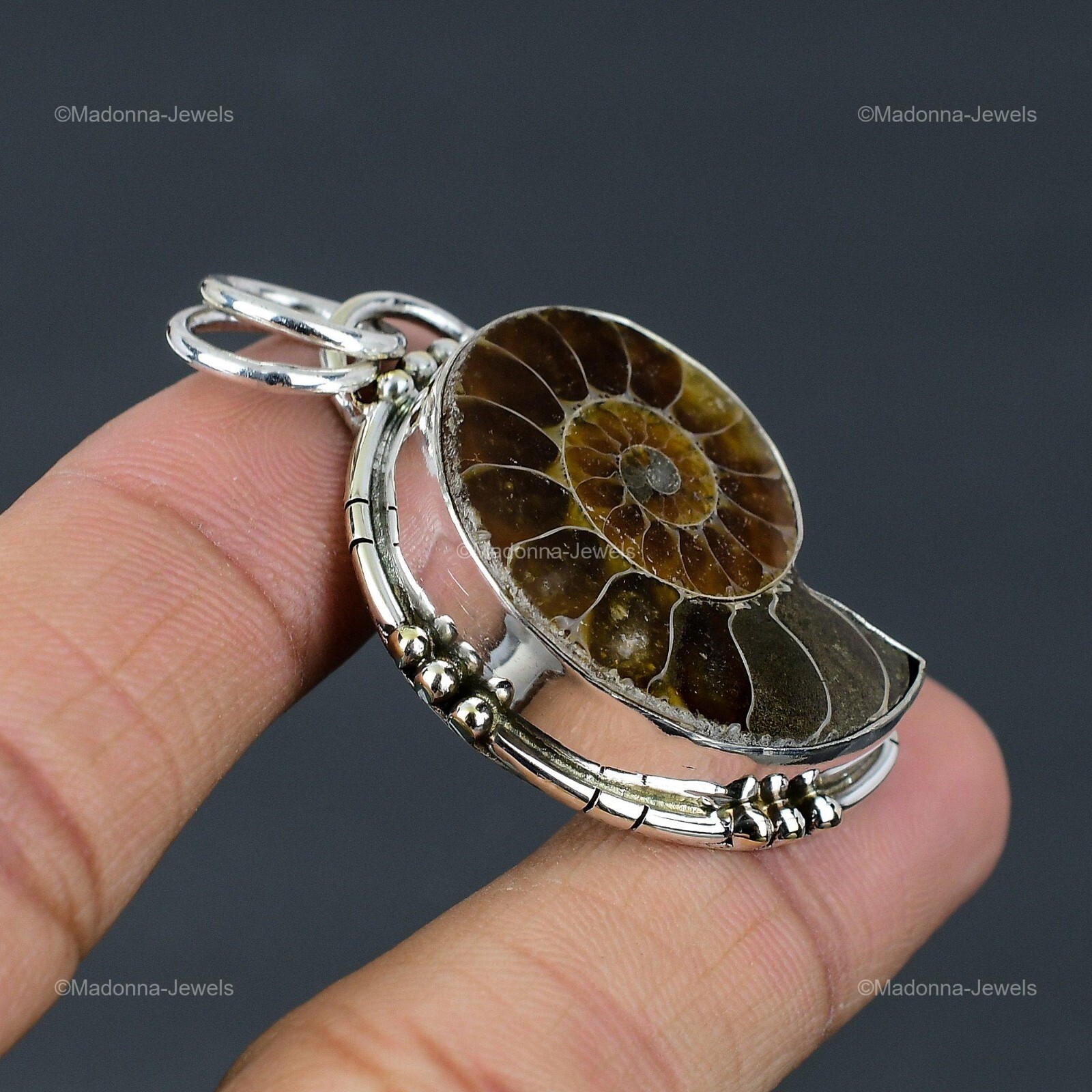Ammonite Fossil Gemstone 925 Sterling Silver Vintage Bezel Wife Pendant Jewelry