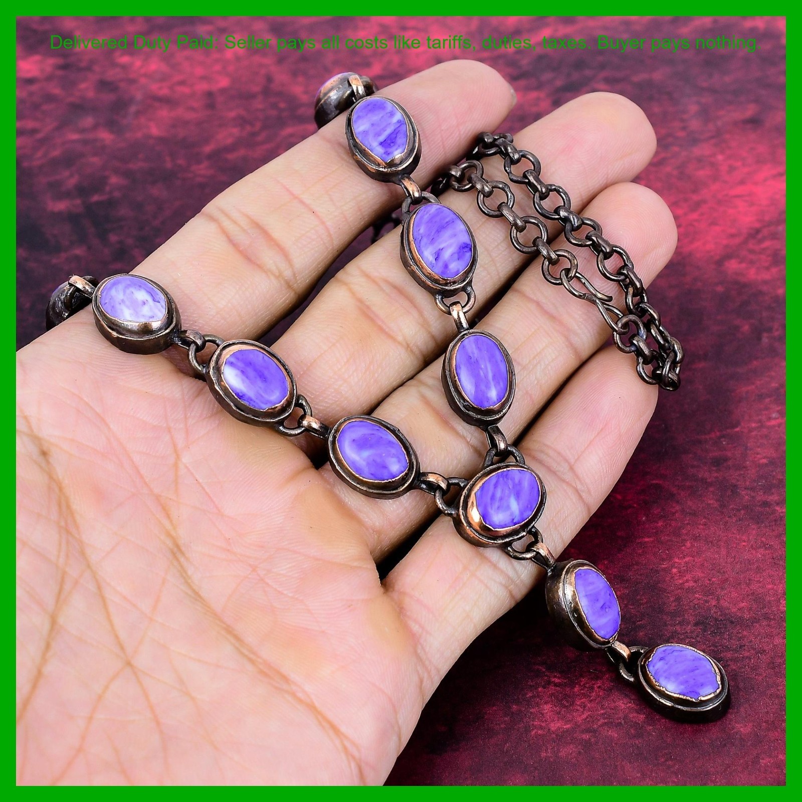 Valentines Sale Charoite Stone Electroformed Bezel Chain Necklace Jewelry Copper