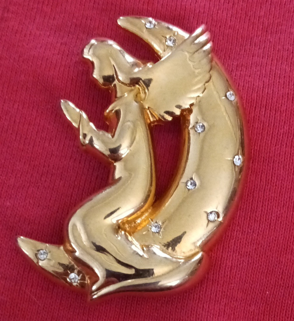 Gold Tone Angel on Crescent Moon Brooch Pin, White Crystal Rhinestones