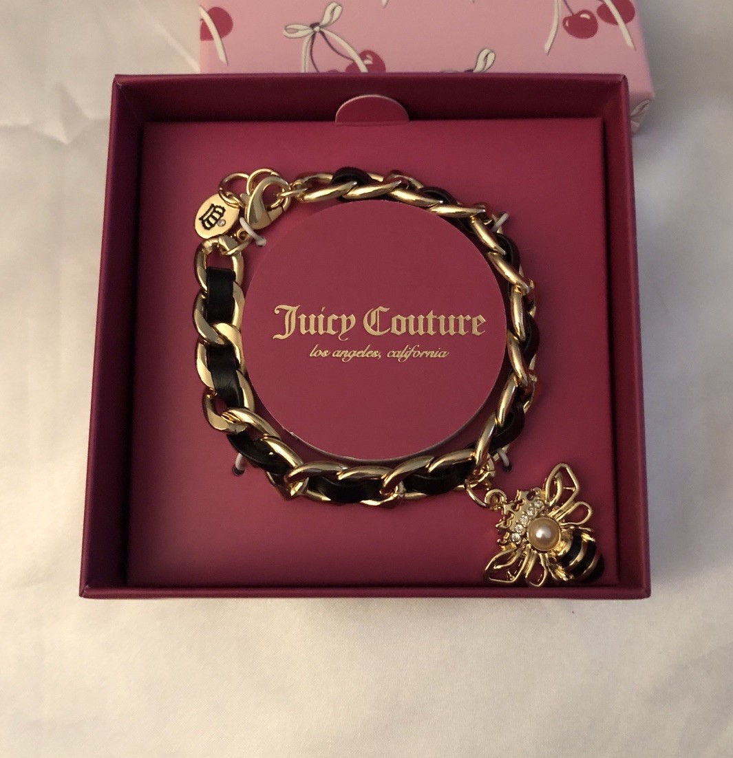 Juicy Couture Gold Tone & Woven Black Faux Leather Charm Bracelet Bee Charm NIB